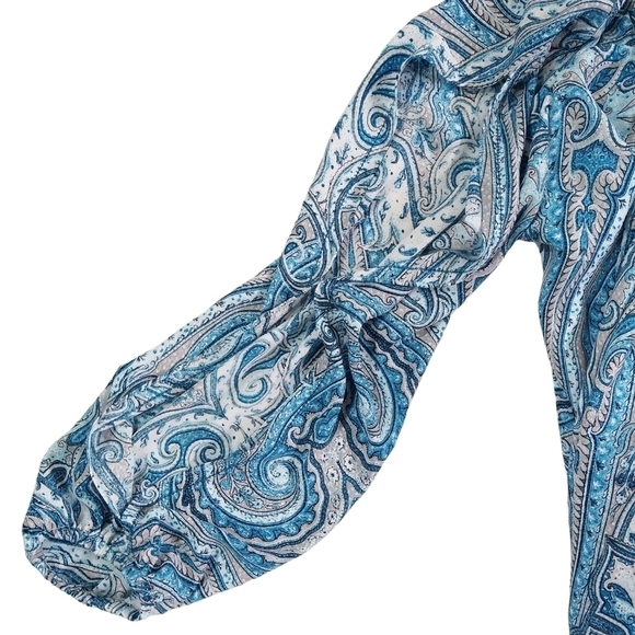White House Black Market Blue Paisley Split Sleeve Tie Neck Shirred Waist Dress - Picture 5 of 9